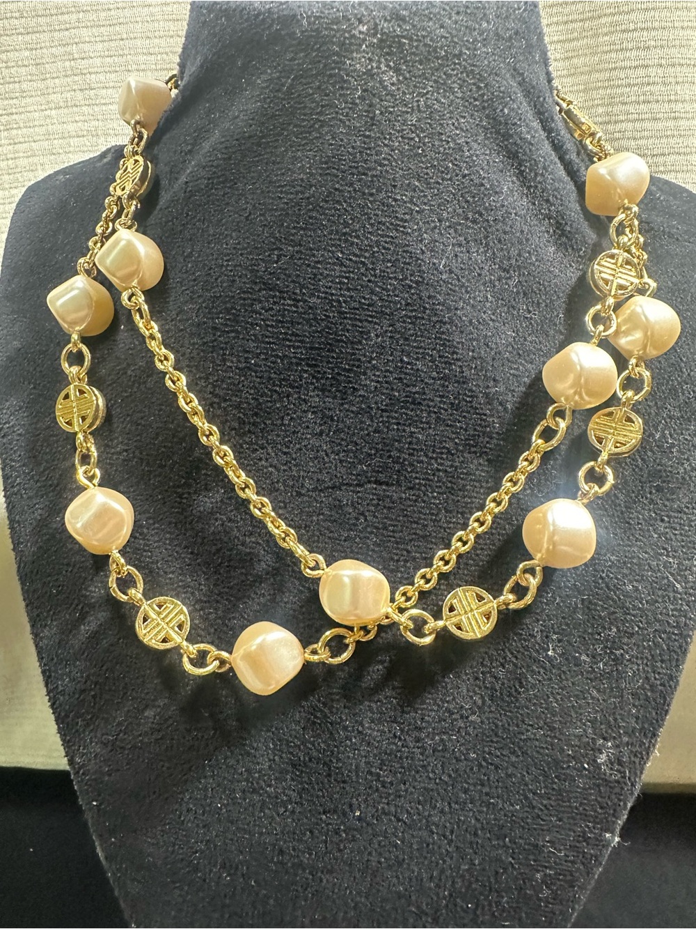 Vtg: GIVENCHY Gold Toned Faux Pearl Necklace Accented w/Circular Logo Disc